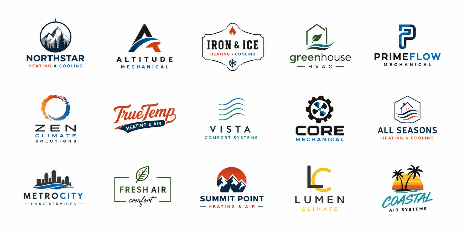 Logos of contractor businesses using Workify — Northstar, Altitude Mechanical, Iron & Ice, Greenhouse HVAC, PrimeFlow, Zen Climate, TrueTemp, Vista, Core Mechanical, All Seasons, MetroCity, Fresh Air, Summit Point, Lumen Climate, Coastal Air